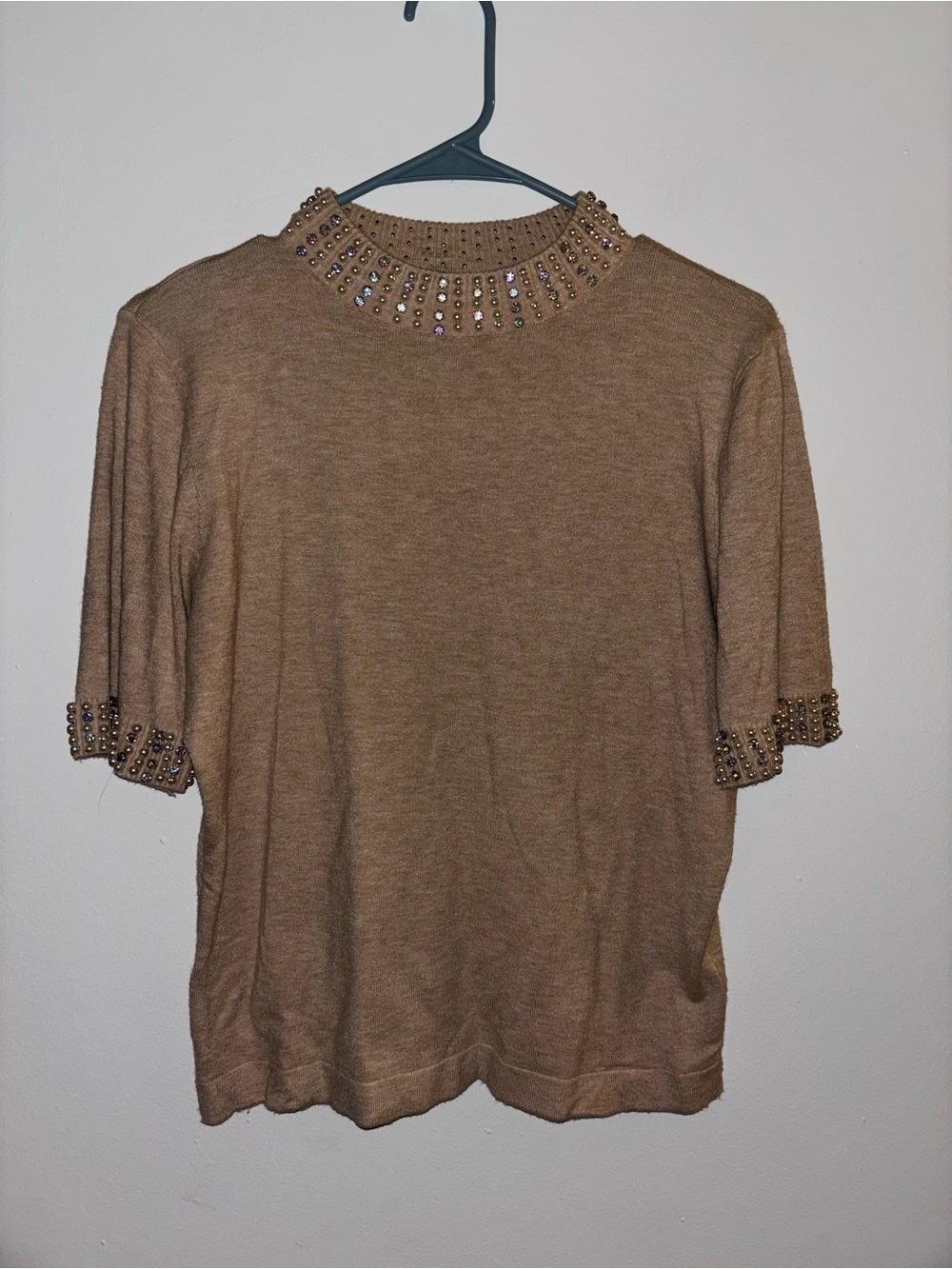 Milano Bejeweled Camel Short Sleeve Knit Top